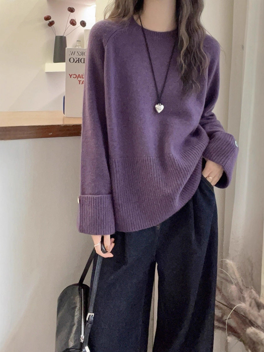 Damen Oversize‑Feinstrickpullover mit breitem Rippbund, extraweiten Ärmelabschlüssen und Zierknopf Drune