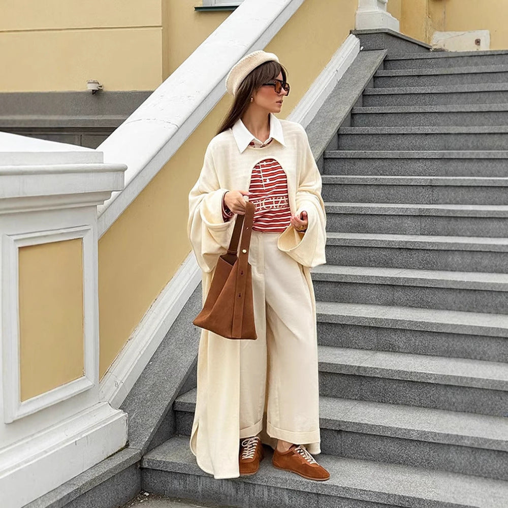 Damen Oversize Cape-Strickjacke mit weiten Trompetenärmeln und offenem Frontdesign Drune