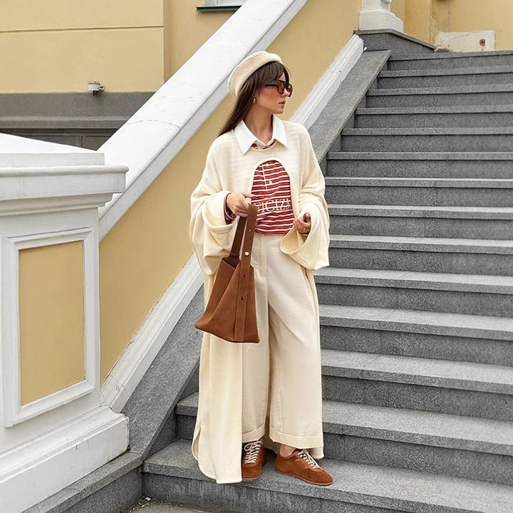 Damen Oversize Cape-Strickjacke mit weiten Trompetenärmeln und offenem Frontdesign Drune