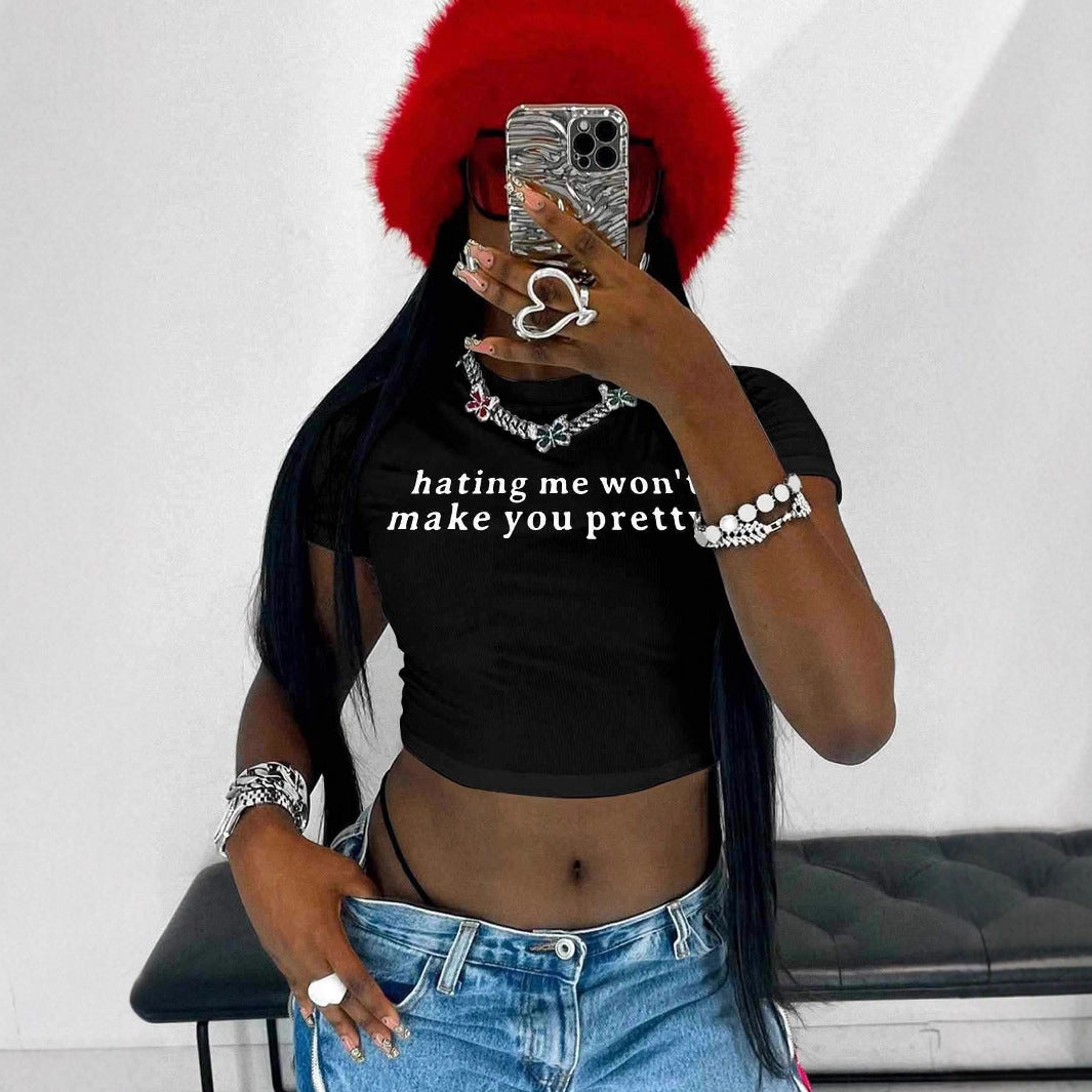 Damen Kurzarm Crop-T-Shirt mit witzigem Schriftzug Drune