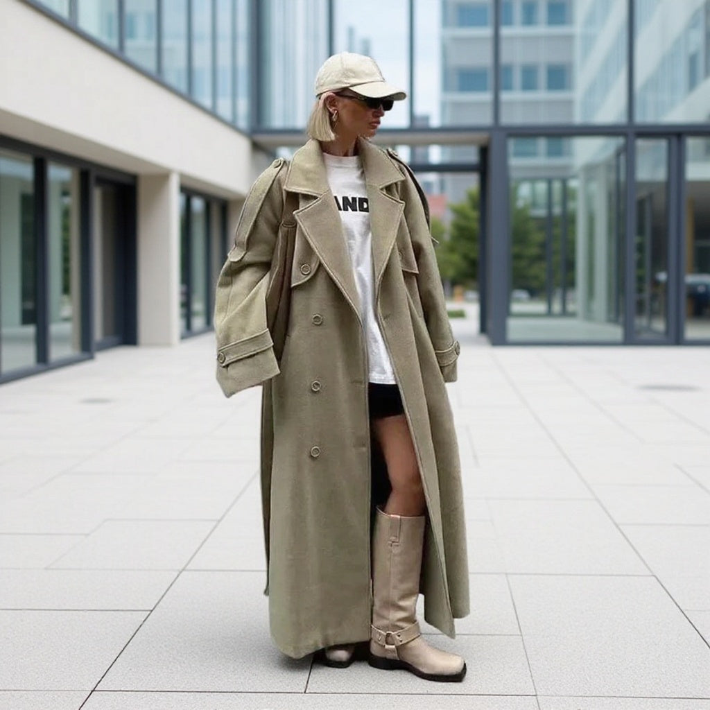 Damen Oversize-Langmantel im Trenchcoat‑Stil mit doppelreihiger Knopfleiste und Schulterklappen Drune