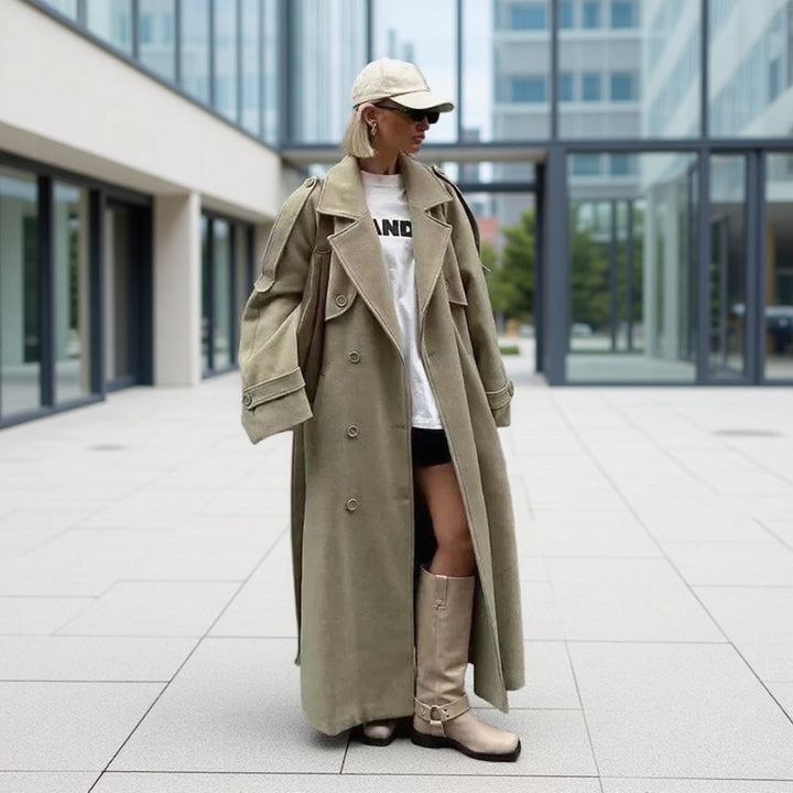 Damen Oversize-Langmantel im Trenchcoat‑Stil mit doppelreihiger Knopfleiste und Schulterklappen Drune