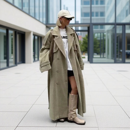 Damen Oversize-Langmantel im Trenchcoat‑Stil mit doppelreihiger Knopfleiste und Schulterklappen Drune