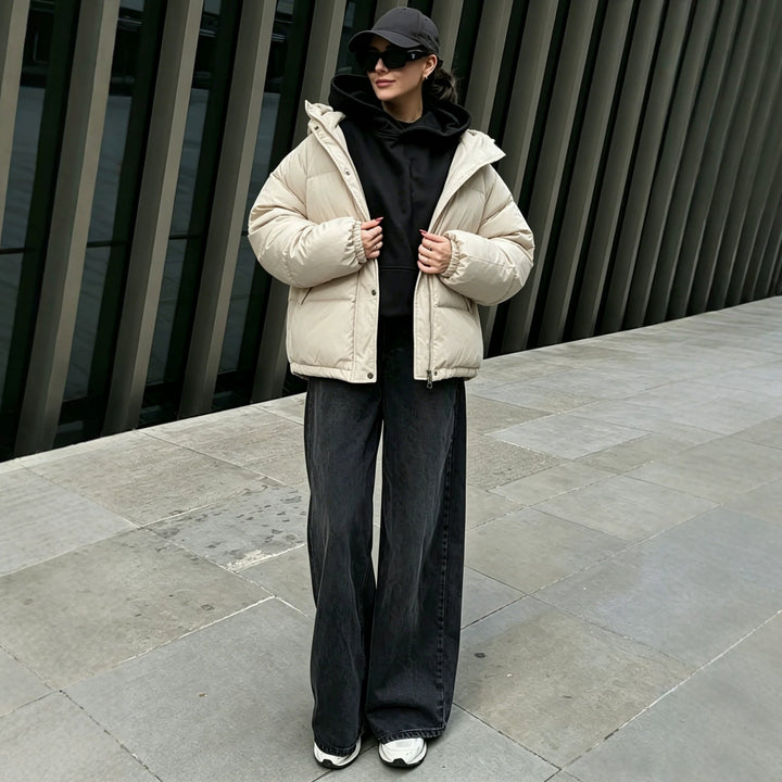 Damen Oversize-Steppmantel mit Kapuze, Druckknopfleiste und elastischem Saum Drune