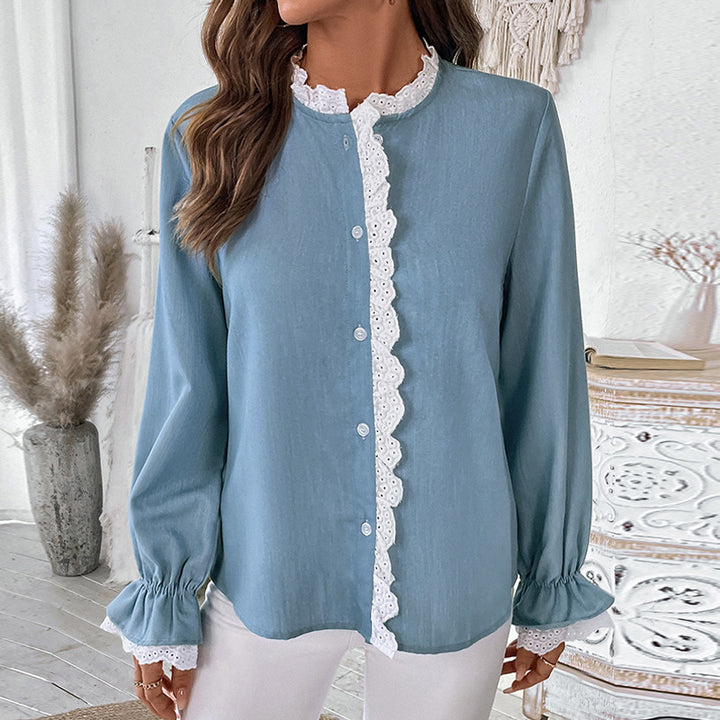 Damen Elegante Bluse mit Spitzenkragen und Rüschendetails Drune