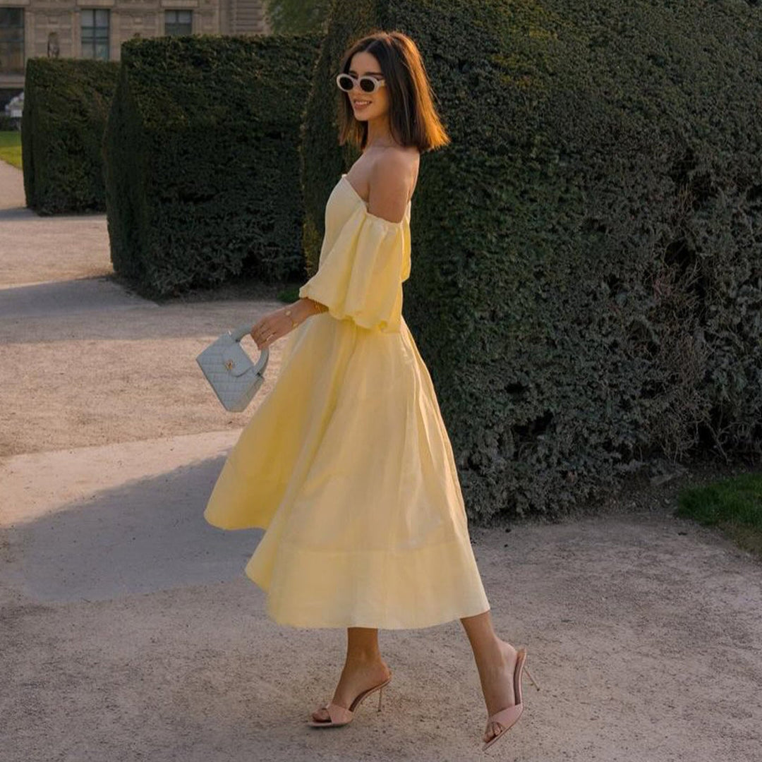 Damen Off-Shoulder Maxikleid mit voluminösen Ärmeln und elegantem Schnitt Drune