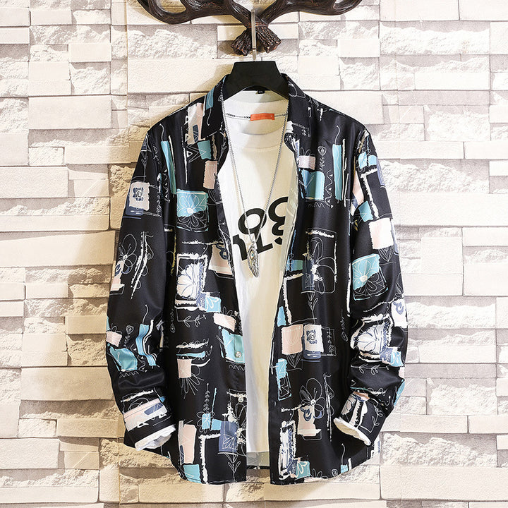 Herren nan langärmliges Hemd mit offenem Reverskragen, kontrastivem Blumenprint und lässiger Regular-Fit Silhouette Drune