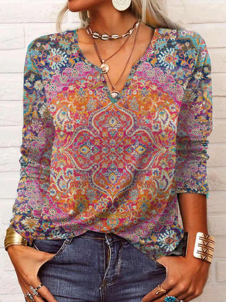 Damen Boho-Print V-Ausschnitt Tunika-Shirt Drune