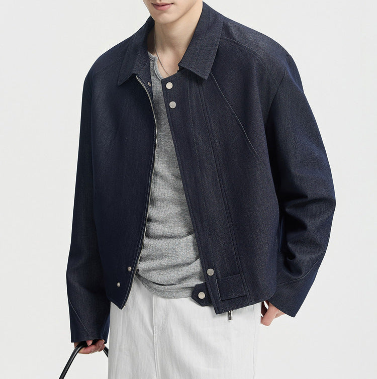 Herren Boxy-Jeansjacke im Minimalstil mit Hemdkragen und verdeckter Druckknopfblende Drune