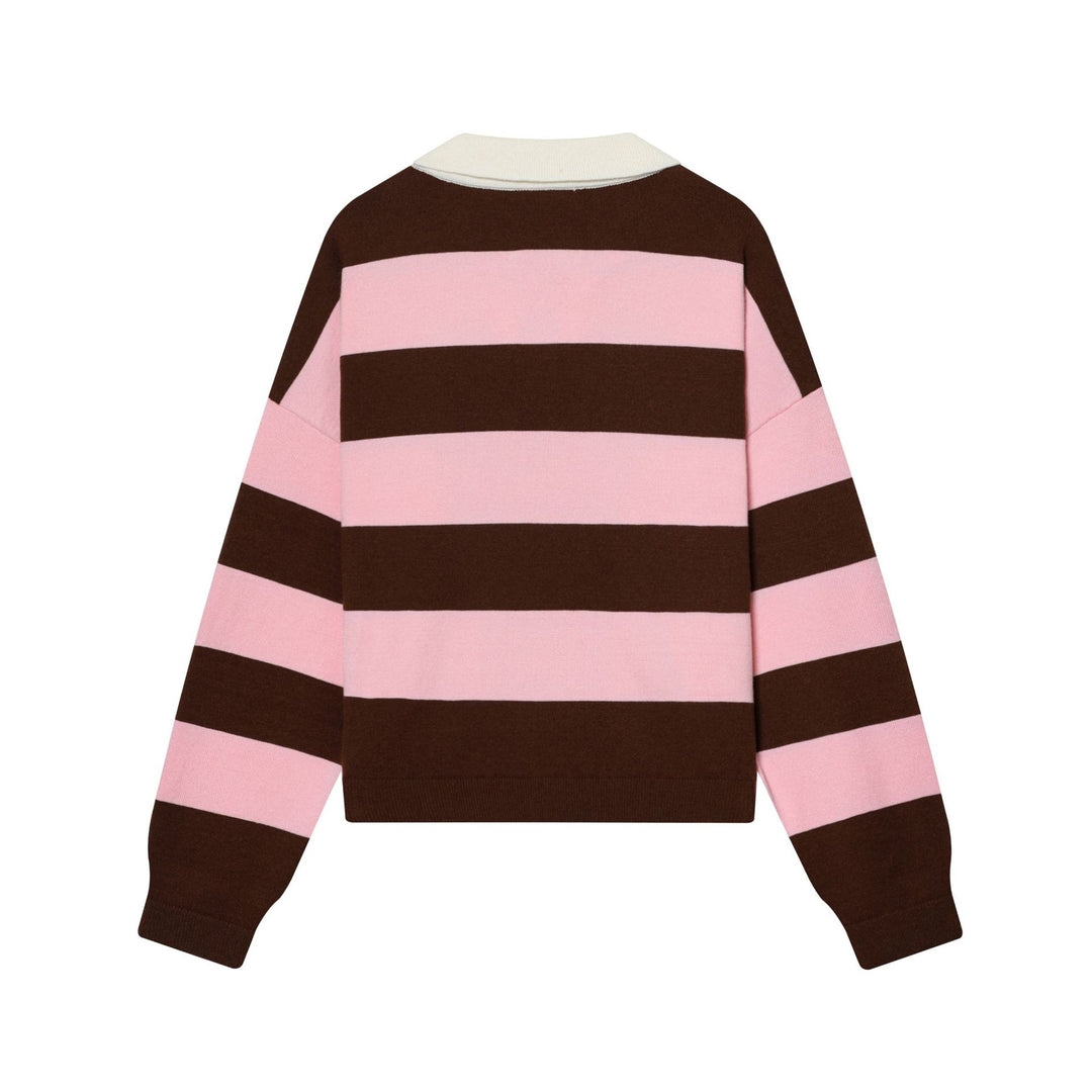 Damen nan gestreifter Rugby-Pullover mit Polokragen und tiefem V-Schlitz Drune