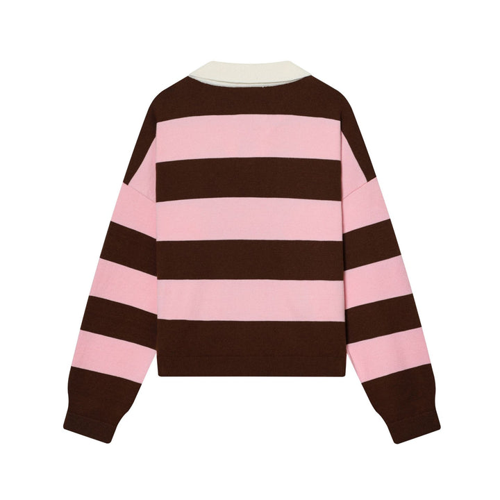 Damen nan gestreifter Rugby-Pullover mit Polokragen und tiefem V-Schlitz Drune