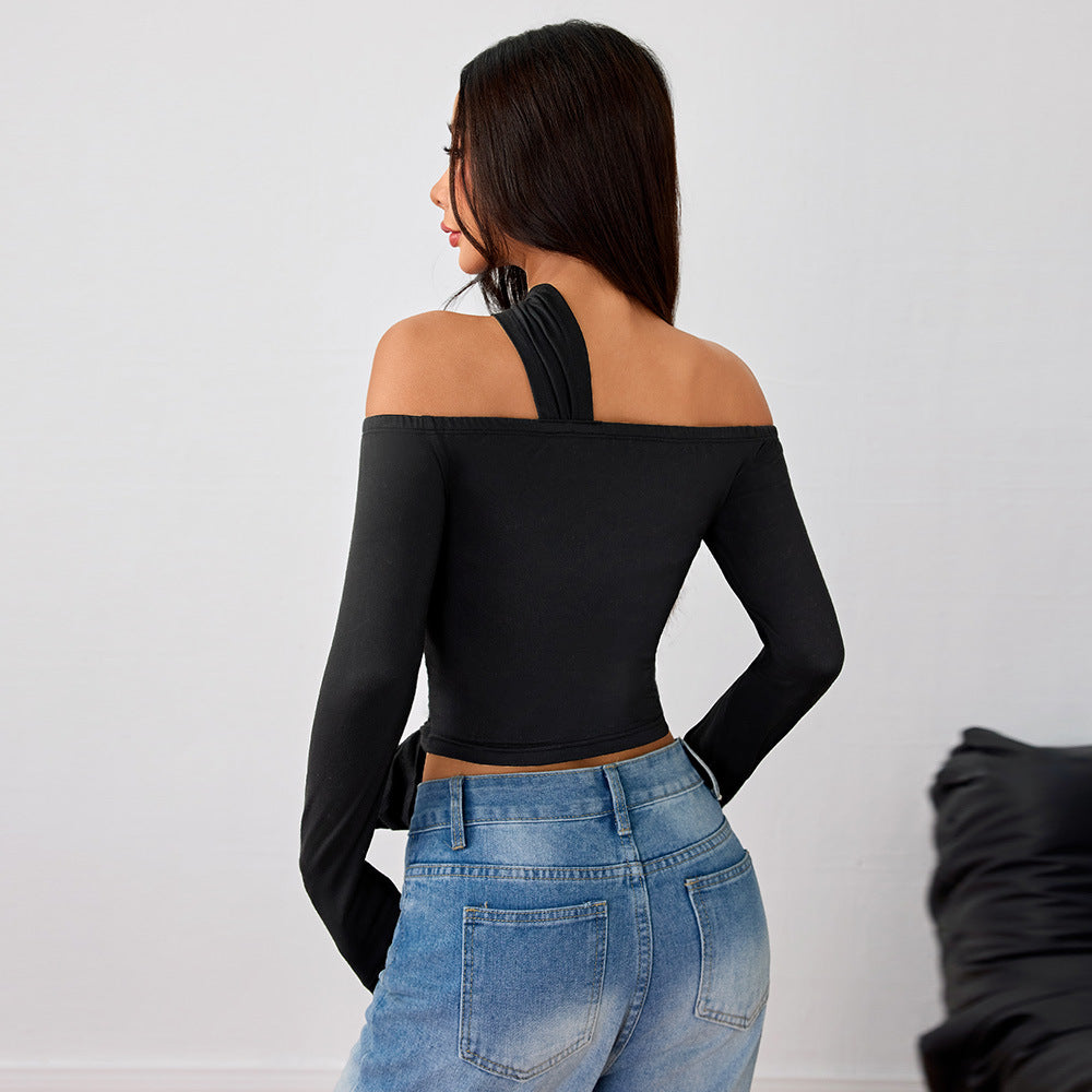 Damen asymmetrisches Wickeloberteil mit modischem Halter-Design und eleganter Raffung Drune