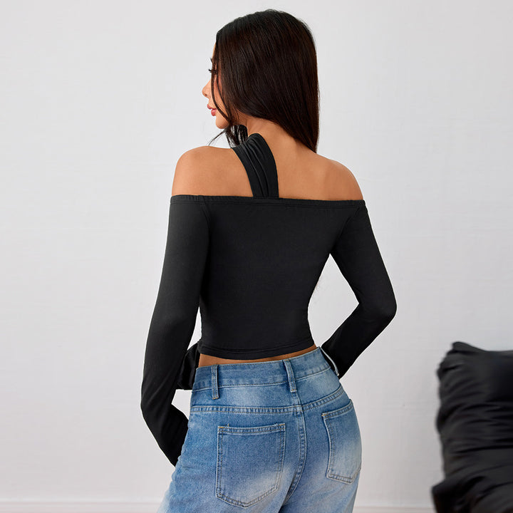 Damen asymmetrisches Wickeloberteil mit modischem Halter-Design und eleganter Raffung Drune