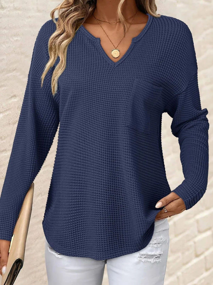 Damen Waffelstrick-Longsleeve mit V-Notch, Brusttasche und legerer Oversize-Passform Drune