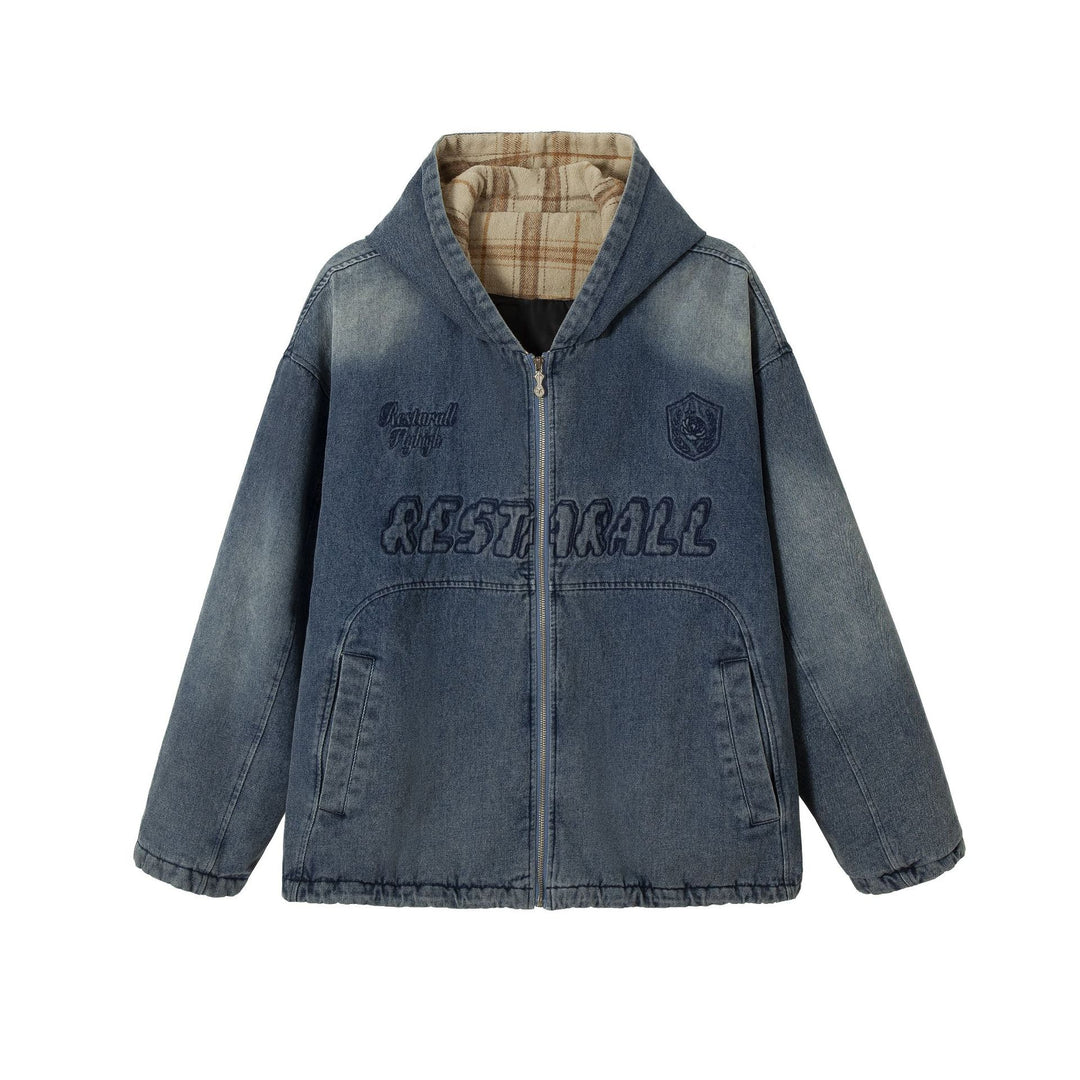 Herren Washed-Denim Kapuzenjacke im Oversize-Look mit kariert gefütterter Kapuze Drune