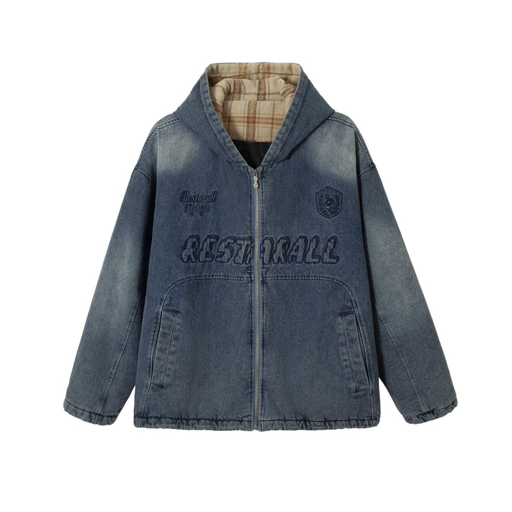 Herren Washed-Denim Kapuzenjacke im Oversize-Look mit kariert gefütterter Kapuze Drune