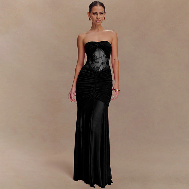 Damen Elegantes Maxikleid mit raffiniertem Spitzen-Einsatz und Raffung Drune