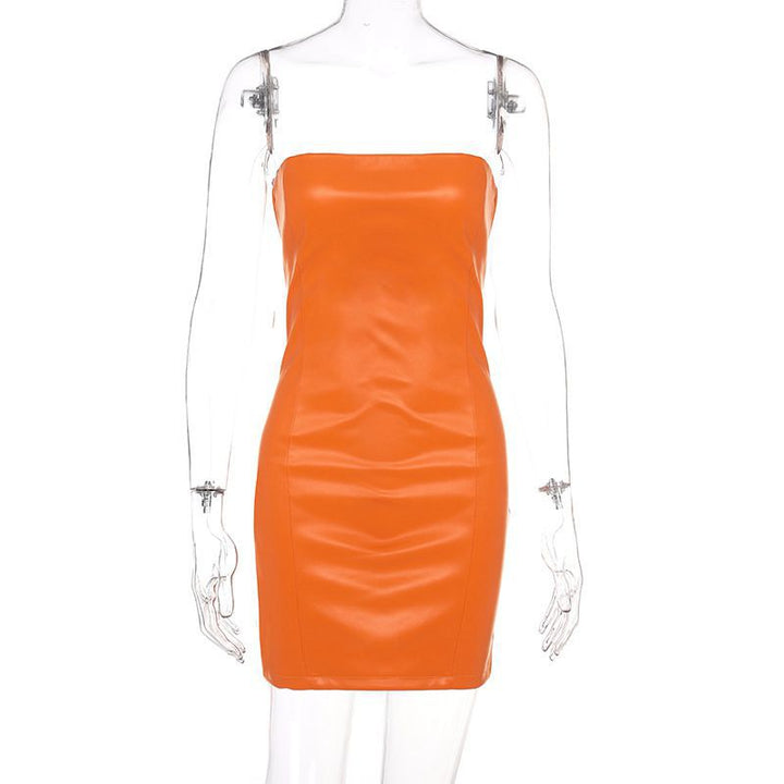 Damen Kunstleder Minikleid im figurbetonten Schnitt mit schulterfreiem Design Drune
