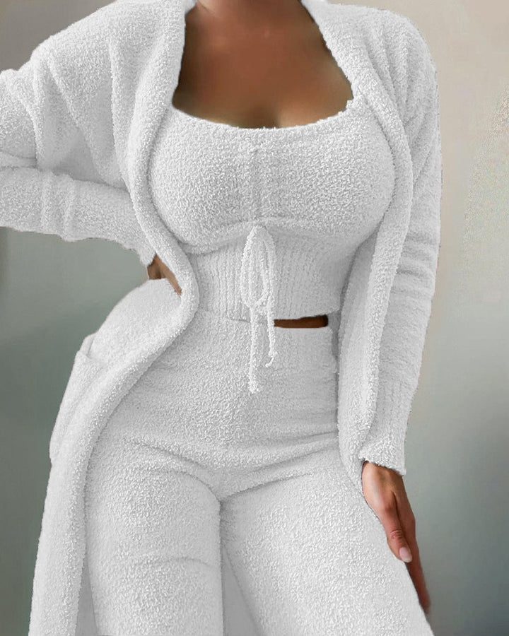 Damen nan luxuriöses Teddy-Fleece Lounge-Set mit Longcardigan, gerafftem Cropped-Bustier und Highwaist-Hose Drune