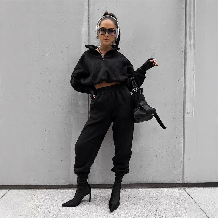 Damen Fleece-Lounge-Set mit hochschließendem Kragen und verstellbarem Bund Drune