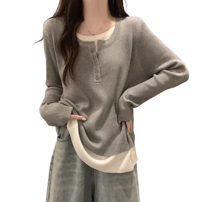 Damen modischer Langarm-Pullover mit Knopfleiste Drune
