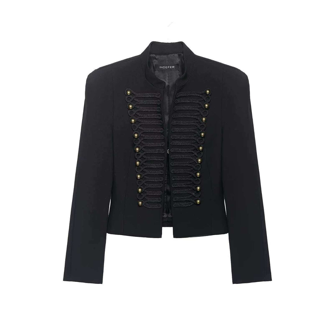 Damen Cropped Blazer im Husarenstil mit Stehkragen, Zierkordeln und Messingknöpfen Drune