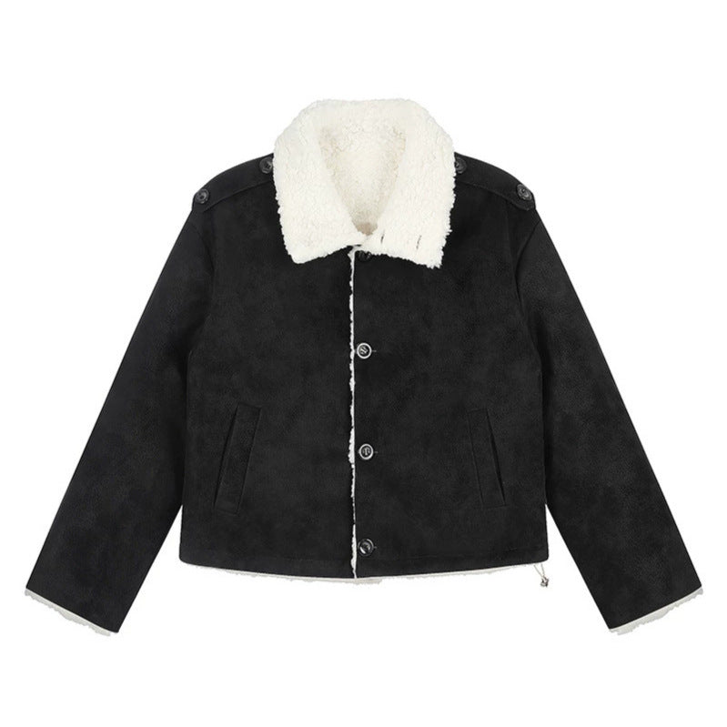 Damen Kurzgeschnittene Lammfell‑Optik Fliegerjacke mit Teddyfutter und Reverskragen Drune