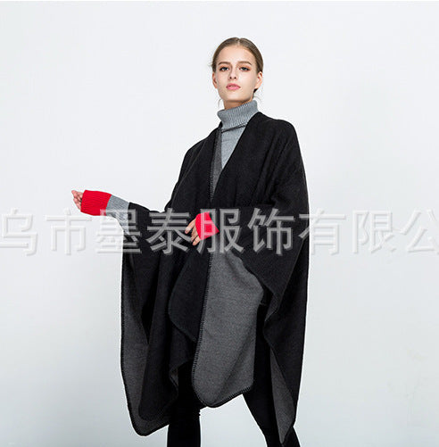 Damen Weichfallender Wende-Poncho‑Ruana aus Wollmix mit V‑Ausschnitt und Zierstich Drune