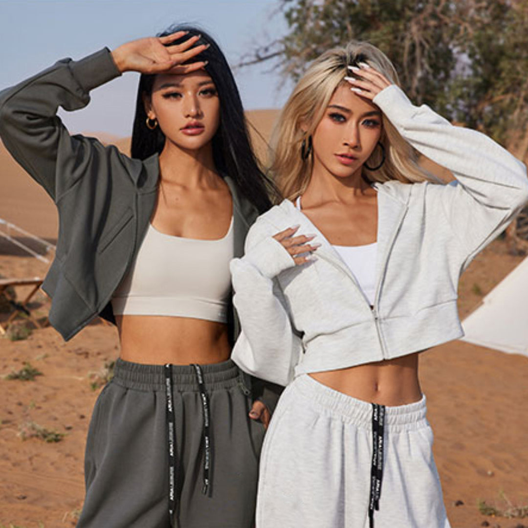 Damen Zweiteiliges Cropped Reißverschluss-Hoodie mit elastischer High-Waist Jogginghose Drune