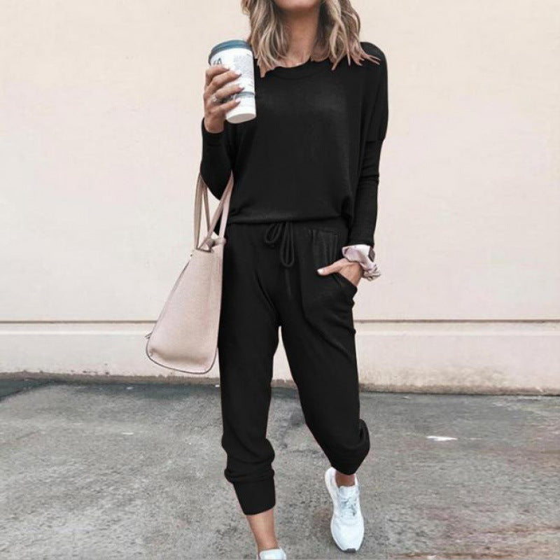Damen Lässiges Lounge-Set mit Rundhalsausschnitt, Kordelzug-Hose und Bündchen Drune