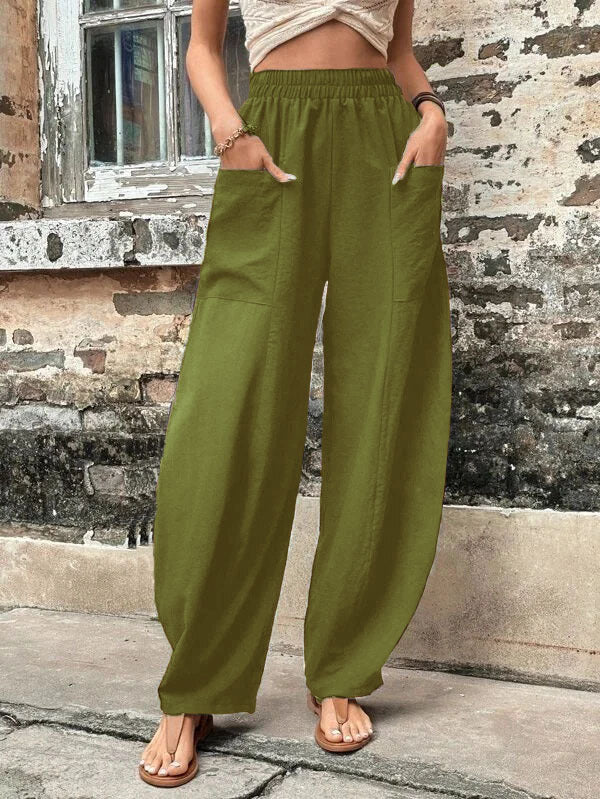Damen Weite Leinenhose mit elastischem Bund, aufgesetzten Taschen und lässigem Harem-Schnitt Drune