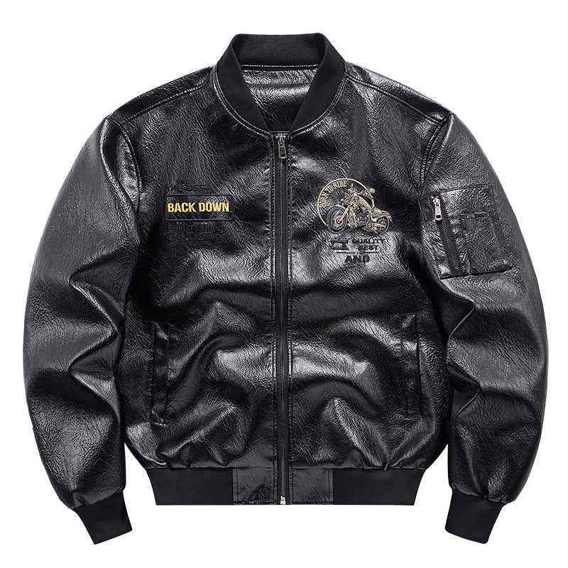 Men's  motorcycle graphic faux-leather varsity bomber with embroidered back panel and sleeve utility pocket Drune