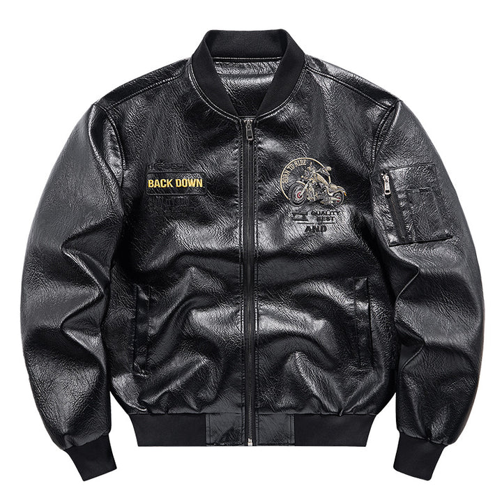 Men's  motorcycle graphic faux-leather varsity bomber with embroidered back panel and sleeve utility pocket Drune