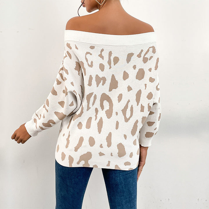 Damen Carmenpullover im Leoparden-Jacquard Oversize mit weitem Ausschnitt Drune