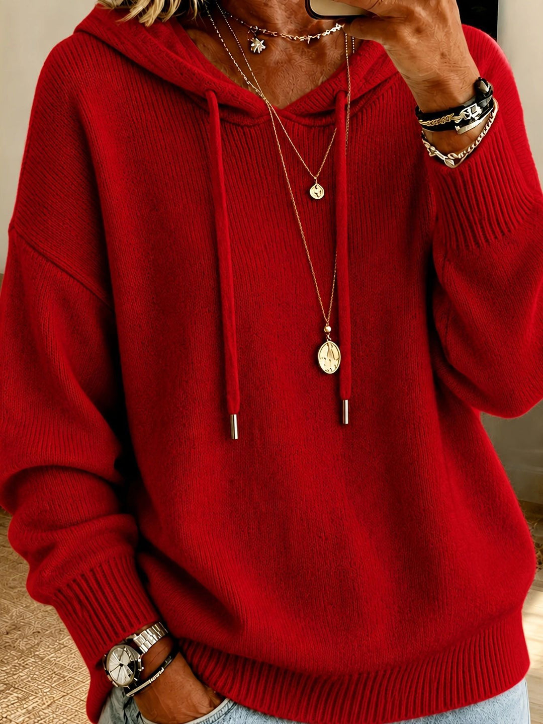 Damen Oversize Kapuzenpullover aus feinem Strick mit Kordelzug und gerippten Bündchen Drune