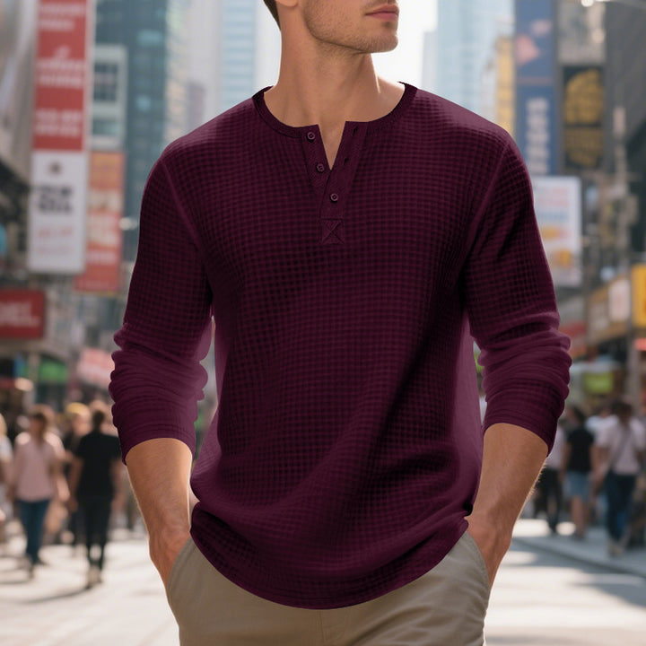 Herren nan thermoregulierendes Waffel-Thermalshirt mit Kurzknopfleiste und gerundetem Saum Drune