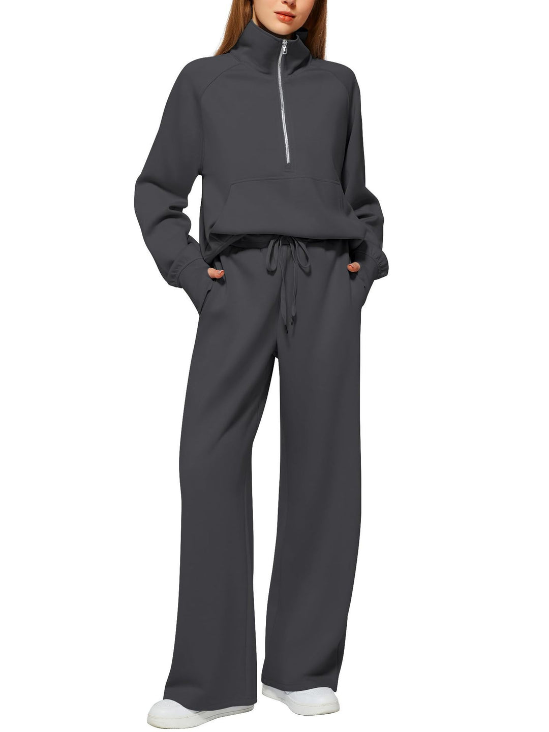 Damen nan halbzip Lounge-Set mit hohem Stehkragen, Kängurutasche und weiten Highwaist-Jogginghose Drune