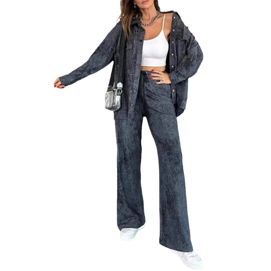 Damen Lässiges Blusen- und Hosen-Set aus weichem Material mit besonderen Texturen Drune