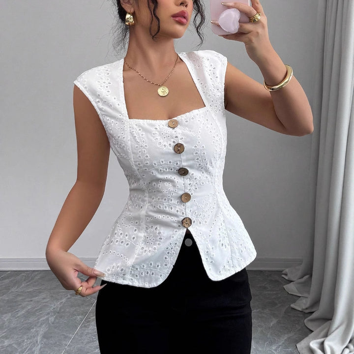 Damen Elegantes Oberteil mit Knopfdetails Drune