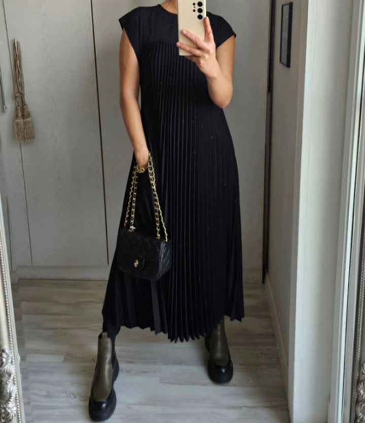 Damen nan fließendes plissiertes Maxikleid mit überschnittenen Schultern und Eingrifftaschen Drune