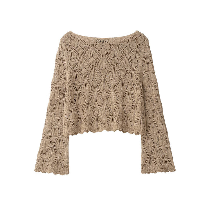 Damen Gehäkelt wirkender Cropped‑Strickpullover mit Ajourmuster und Glockenärmeln Drune