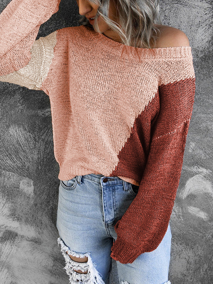 Damen Oversize Strickpullover mit Carmenausschnitt und Colorblock-Design Drune