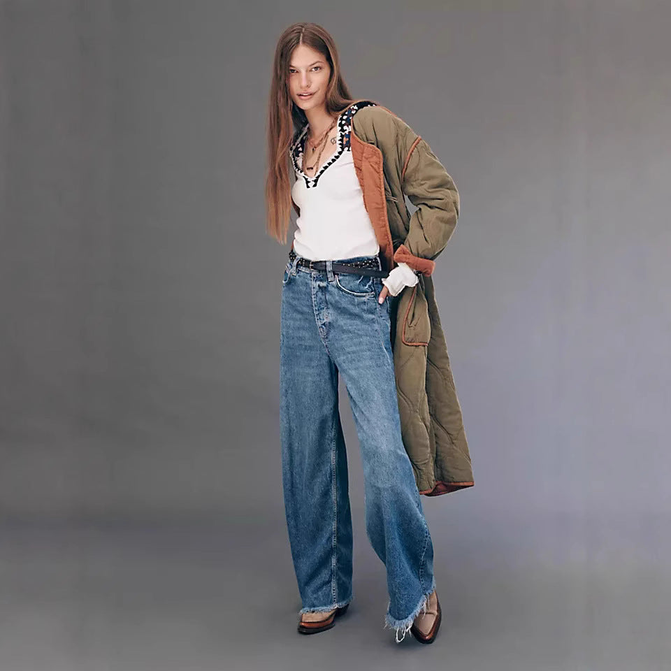 Damen nan extraweite High‑Waist Palazzo-Jeans aus Denim mit rohem Saum und Vintage-Waschung Drune
