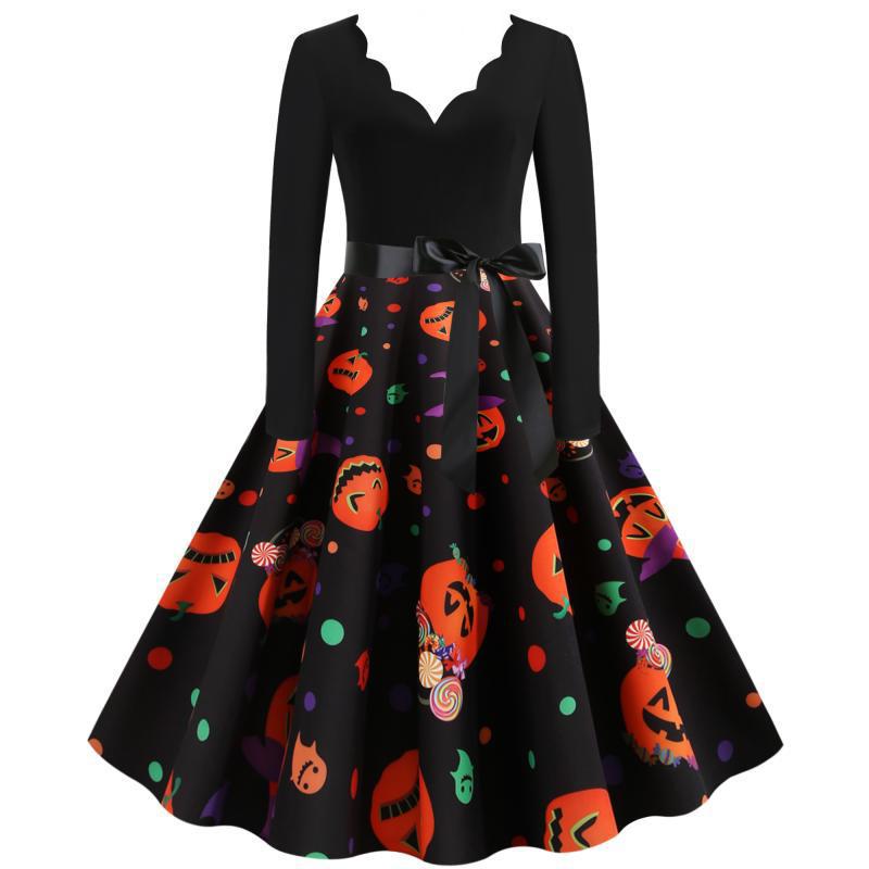 Damen Retro-Festliches Halloween-Kleid mit gewelltem Ausschnitt, taillierter Schnitt und weichem Tellerrock Drune