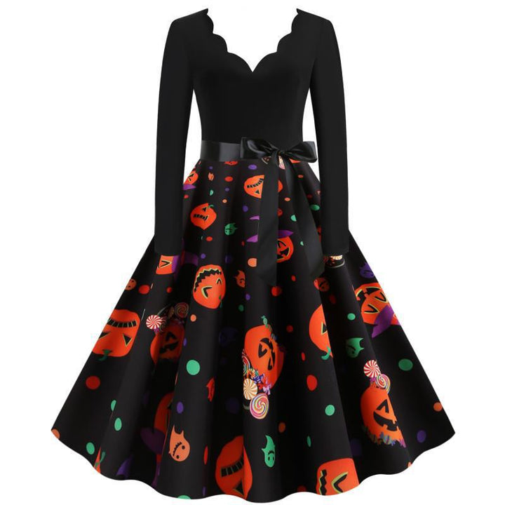 Damen Retro-Festliches Halloween-Kleid mit gewelltem Ausschnitt, taillierter Schnitt und weichem Tellerrock Drune