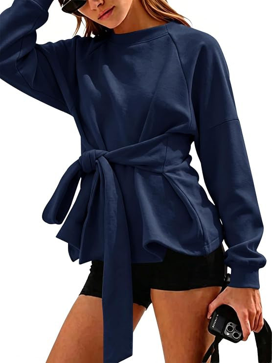 Damen Oversize-Sweatshirt mit Wickelgürtel, Schößchen und Raglanärmeln Drune