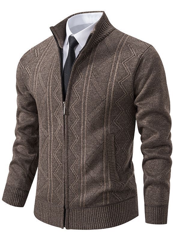 Herren modische Strickjacke mit strukturiertem Zopfdesign und hoher Stehkragen Drune