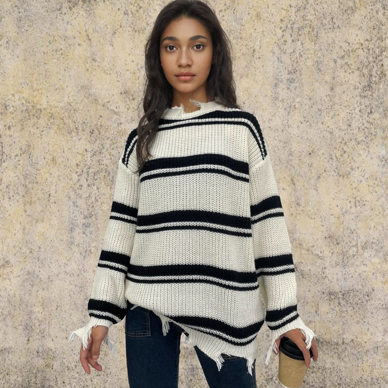 Damen lässiger Streifenpulli mit fransigen Details Drune