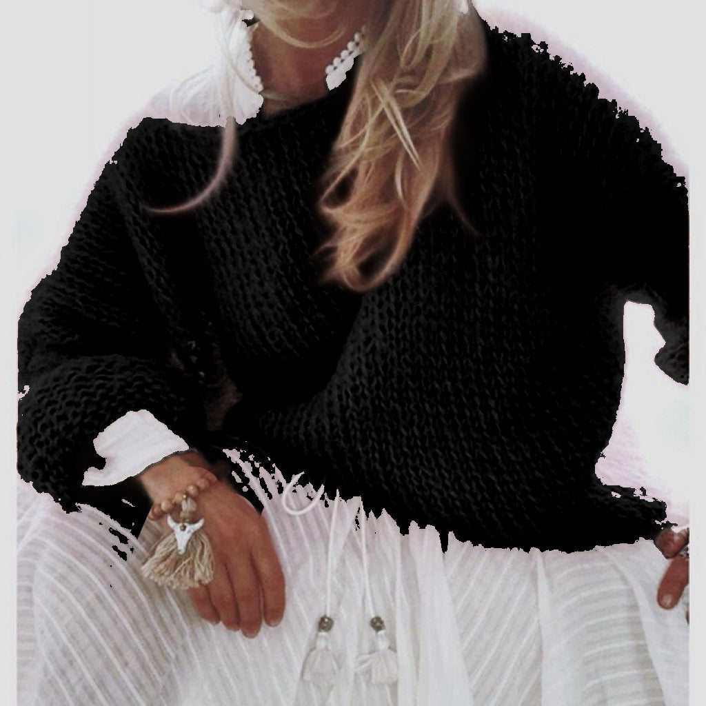 Damen Kurzgeschnitteter flauschiger Grobstrickpullover mit überschnittener Schulter Drune