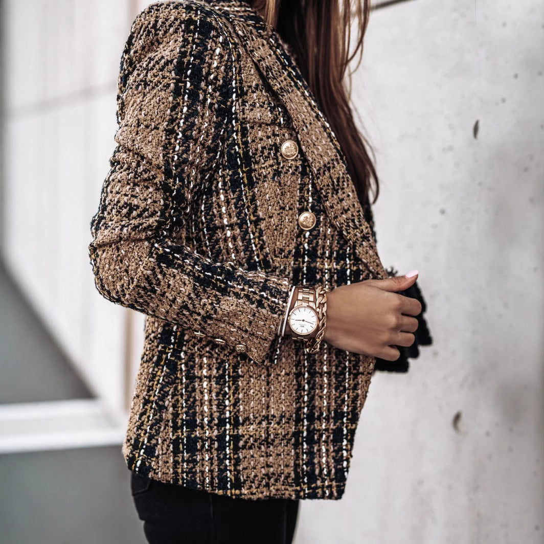 Damen Modischer Tweed-Blazer mit doppelter Knopfleiste und strukturiertem Gewebe Drune